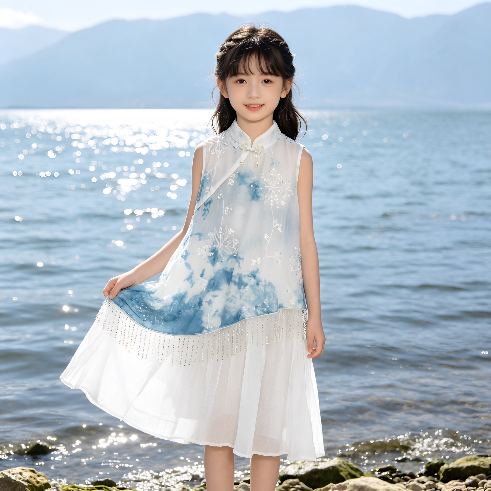 新中式女童扎染旗袍连衣裙夏季大连衣裙