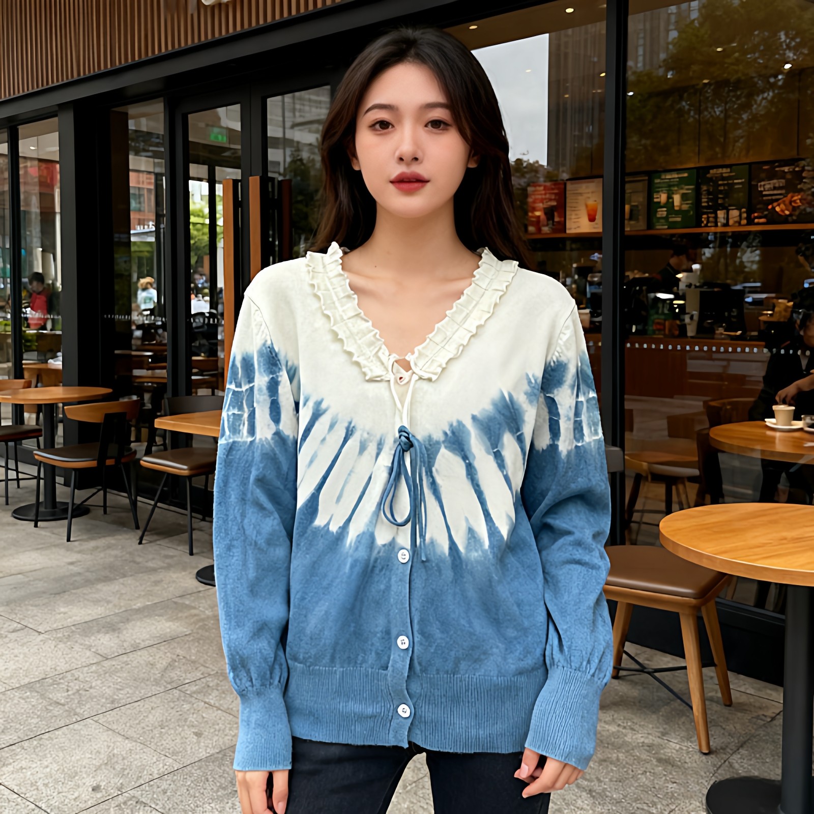 大理扎染针织短款开衫女2026春季时尚百搭针织衫v领上衣毛衣外套