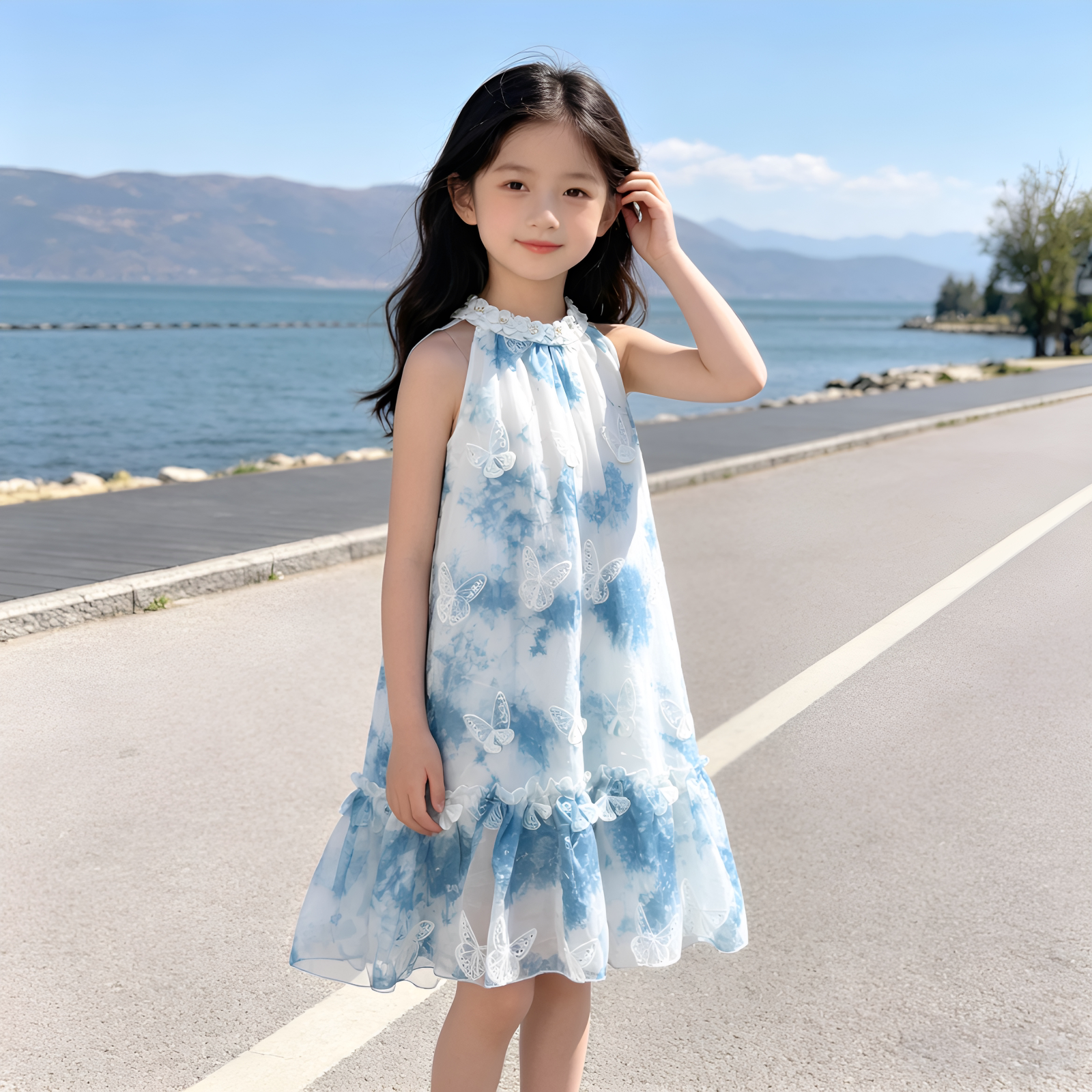 民族风儿童挂脖吊带裙子女童扎染无袖长裙出游拍照童装蝴蝶连衣裙图片