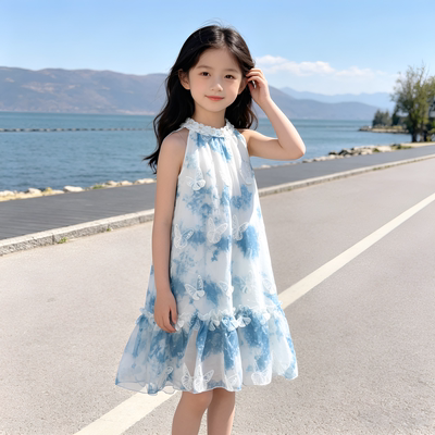 民族风儿童挂脖吊带裙子女童扎染无袖长裙出游拍照童装蝴蝶连衣裙