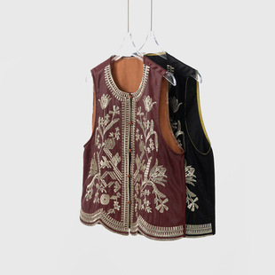 真丝香云纱龟纹油皮红云纱重工刺绣真丝马甲100桑蚕丝圆领上衣