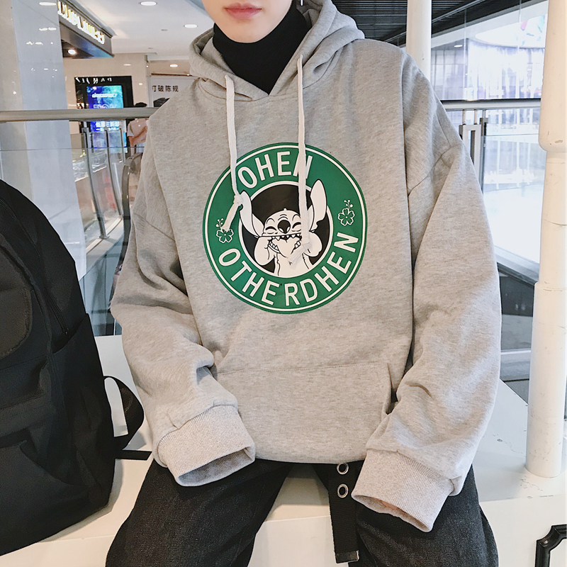 Autumn Winter Hong Kong Style loose Plush Sweater Hoodie cartoon print coat