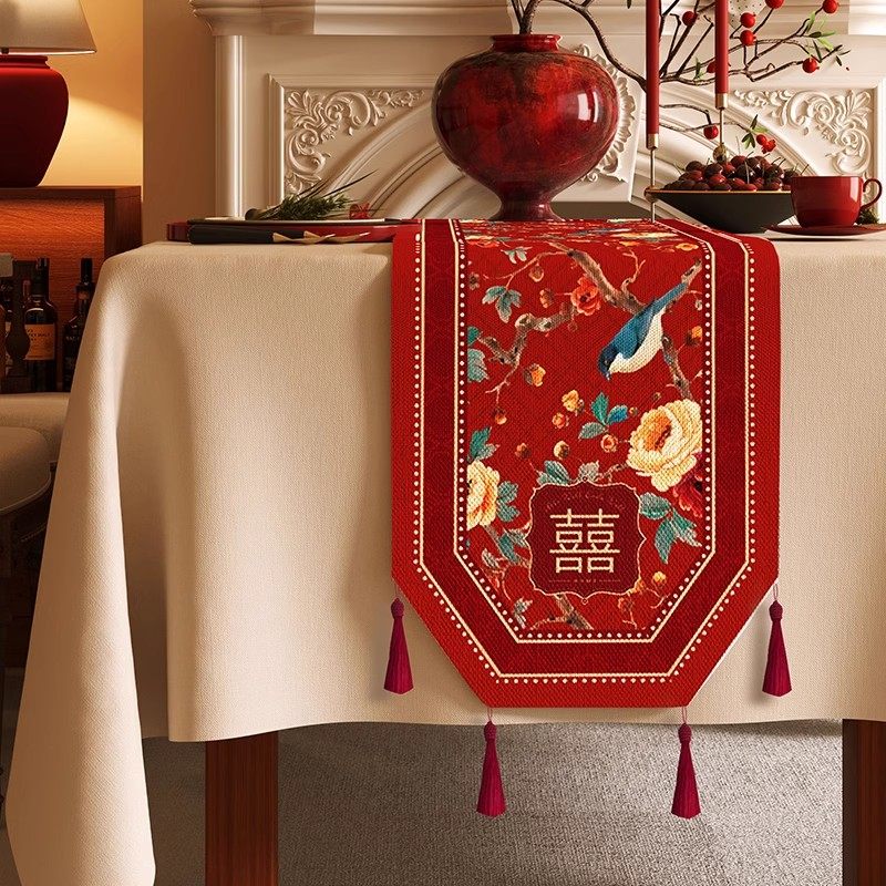 结婚桌旗红色喜字防水餐桌布麻感布艺电视机五斗柜盖布八角茶几布
