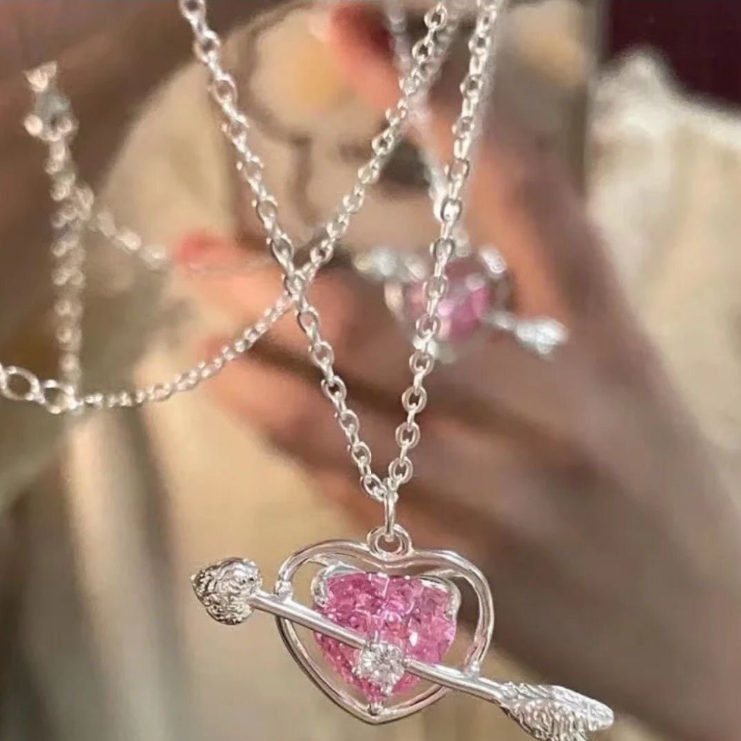 甜美粉色钻丘比特爱心项链学生女一箭穿心吊坠闺蜜链锁骨链