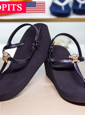 POPITS女士专柜新品绑带7cm高跟舒适拖鞋人字拖夹脚拖凉鞋外穿海