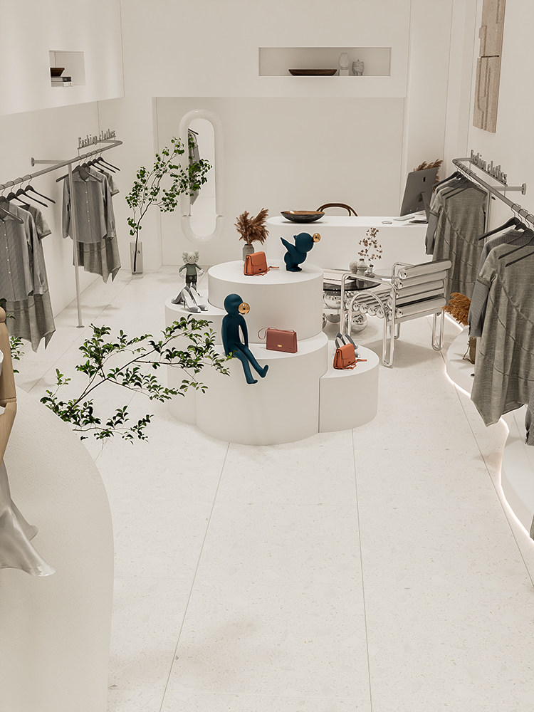 圆形柱子包围造型中岛展台 服装店软装橱窗装饰落地高低异性展台