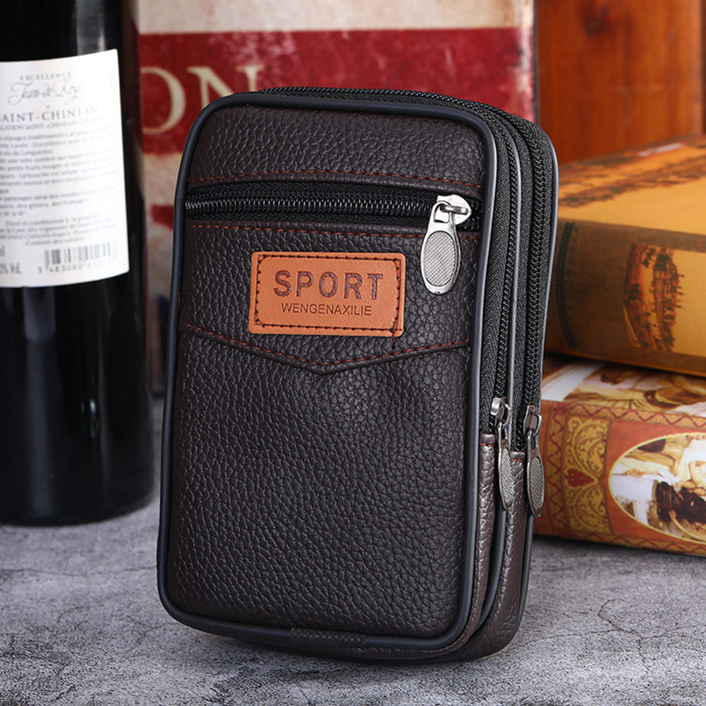 男士气质竖款皮革零钱包大容量多层耐用手机包腰包拉链男款多功能