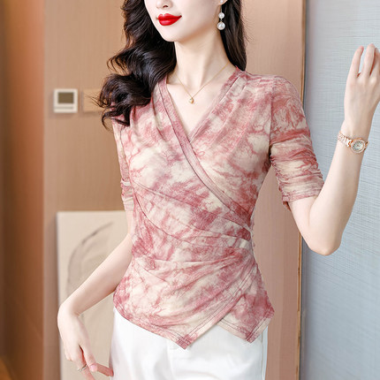轻奢设计感真丝网纱短袖T恤女2026夏季新款气质显瘦印花V领上衣薄