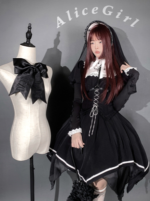 taobao agent Alice Girl Original Lolita Dark Night Gothic Cross Embroidery Irregular Long Sleeve Dress