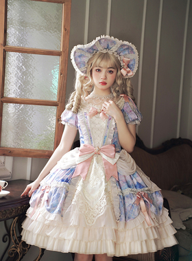 Alice girl原创新款 Lolita天使之芯星空油画蝴蝶结波浪 OP连衣裙