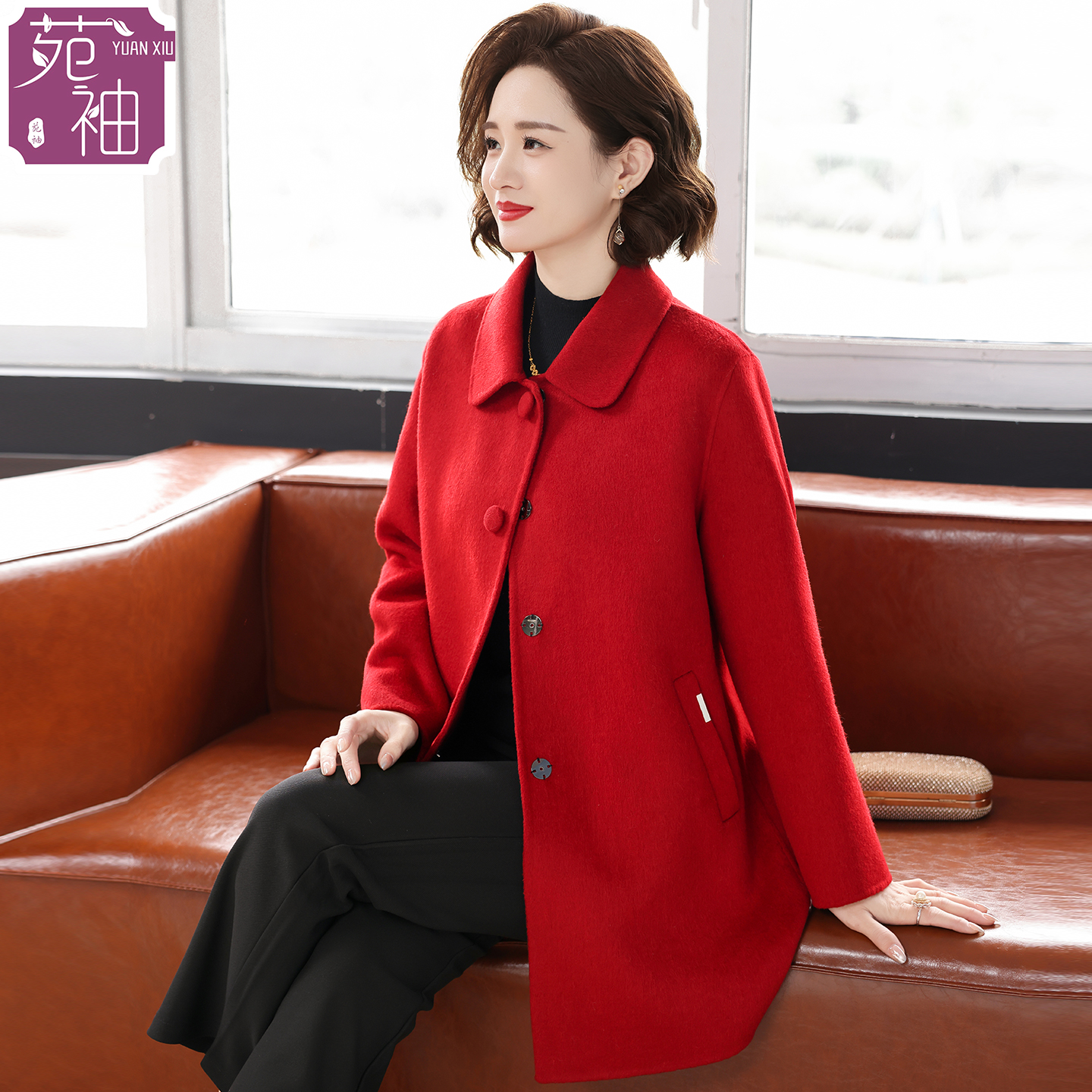 本命年红色双面呢大衣女时尚妈妈款秋冬装外套喜婆婆婚宴羊绒开衫