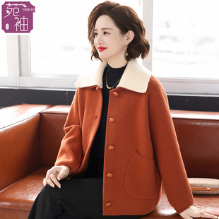 中年妈妈装外套女秋冬新款洋气翻领开衫中老年春秋高贵毛呢上衣服