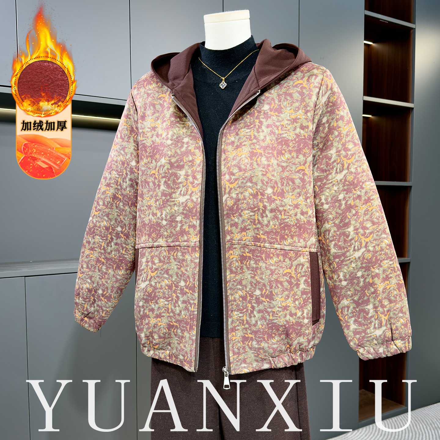 加绒加厚保暖连帽棉衣外套中老年妈妈装17012