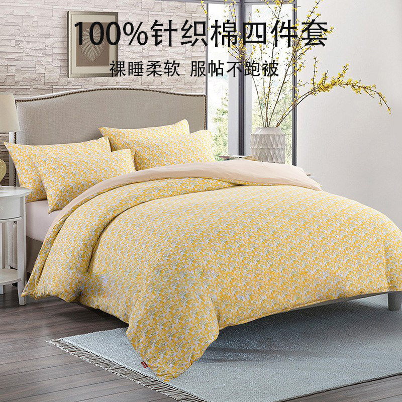 天竺棉活性印花四件套针织棉长绒棉纯棉耐磨不起球田园风格床单式