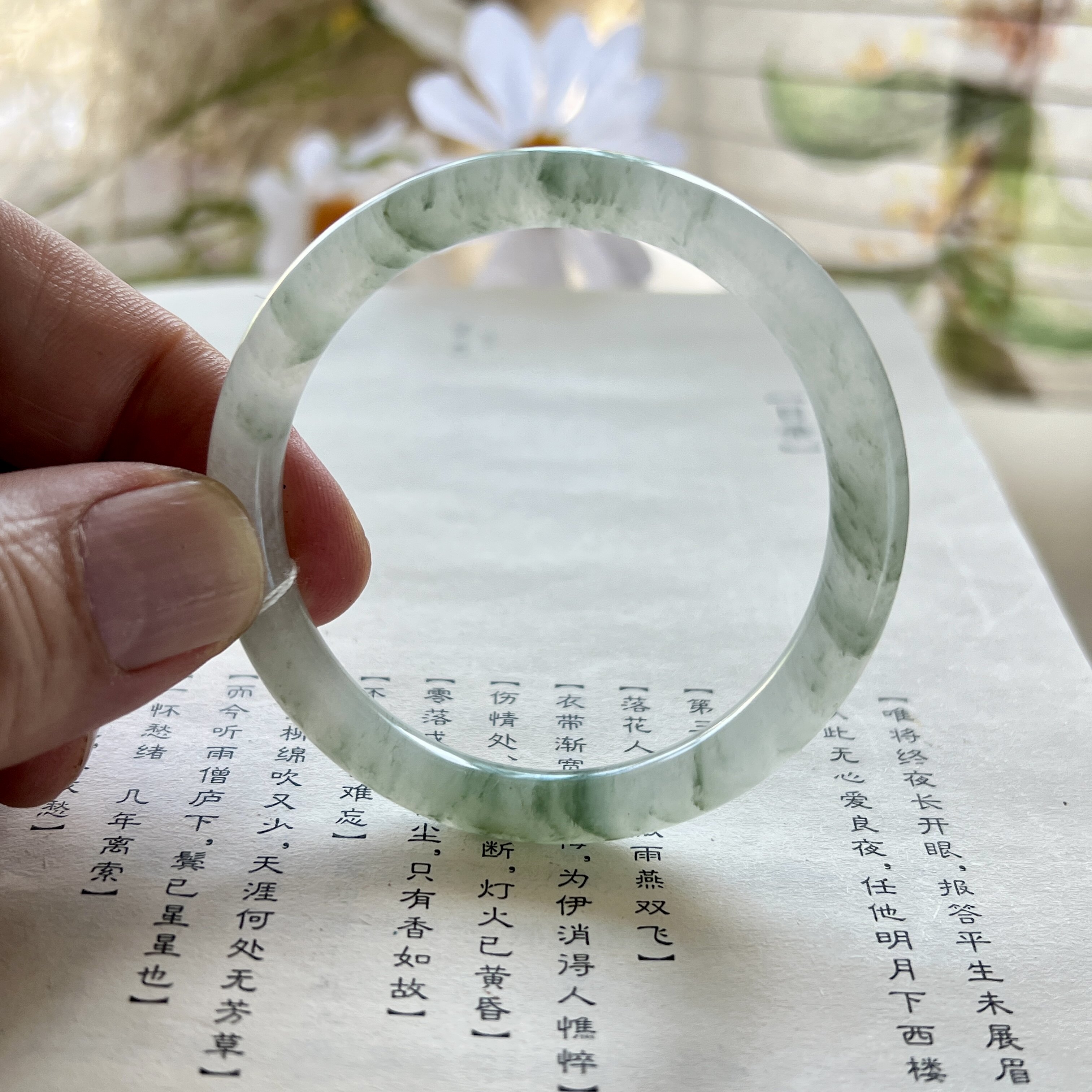 飘绿天山翠手镯细圆条50mm飘花玉镯新中式少女镯学生款闺蜜女N17