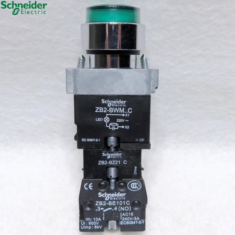 正品 施耐德 绿色带灯自锁按钮开关ZB2-BWM...C +ZB2-BZ21C 220V
