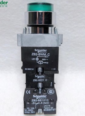 正品 施耐德 绿色带灯自锁按钮开关ZB2-BWM...C +ZB2-BZ21C 220V