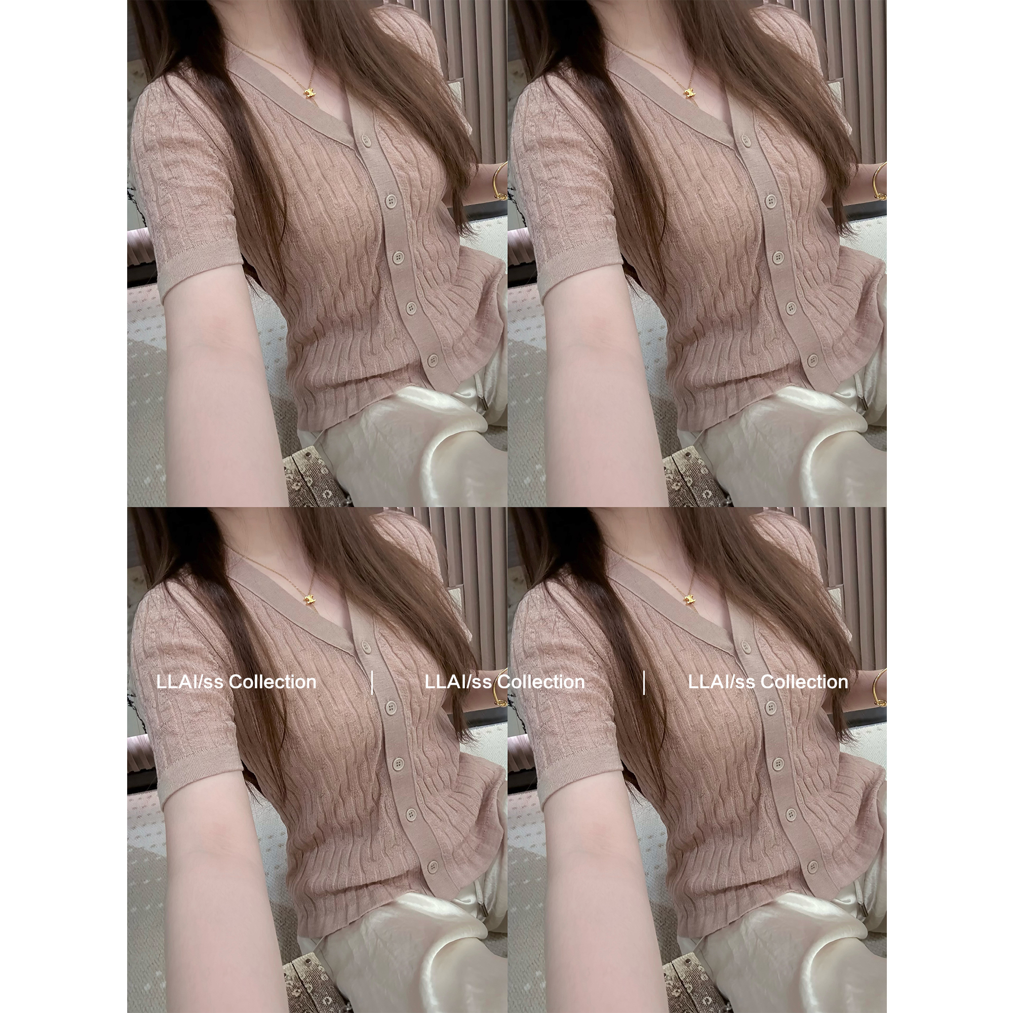 来来LLAI 素颜神器~ 韩版时尚v领荷叶边掐腰麻花针织开衫女夏季