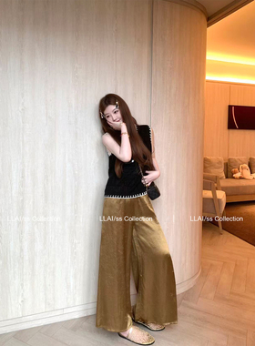 来来LLAI 黑金新贵 叠层冰皮1OO醋酸裤女宽松设计感休闲阔腿裤