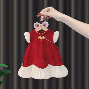 周岁女宝宝礼服夏2026中式国风红色小女孩生日宴抓周衣服婴儿裙子