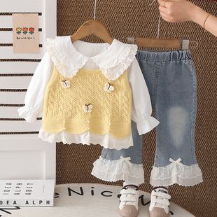 女童牛仔套装春秋季2026新款洋气儿童春装女宝宝巨好看马甲三件套