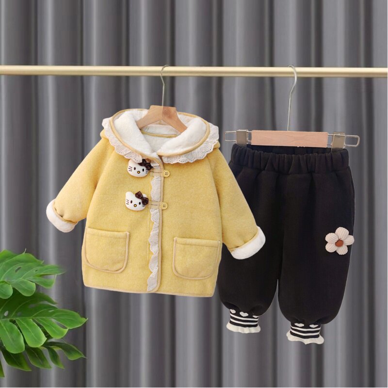 女童加绒套装冬装2026新款洋气夹棉加厚外套女宝宝加绒呢子两件套