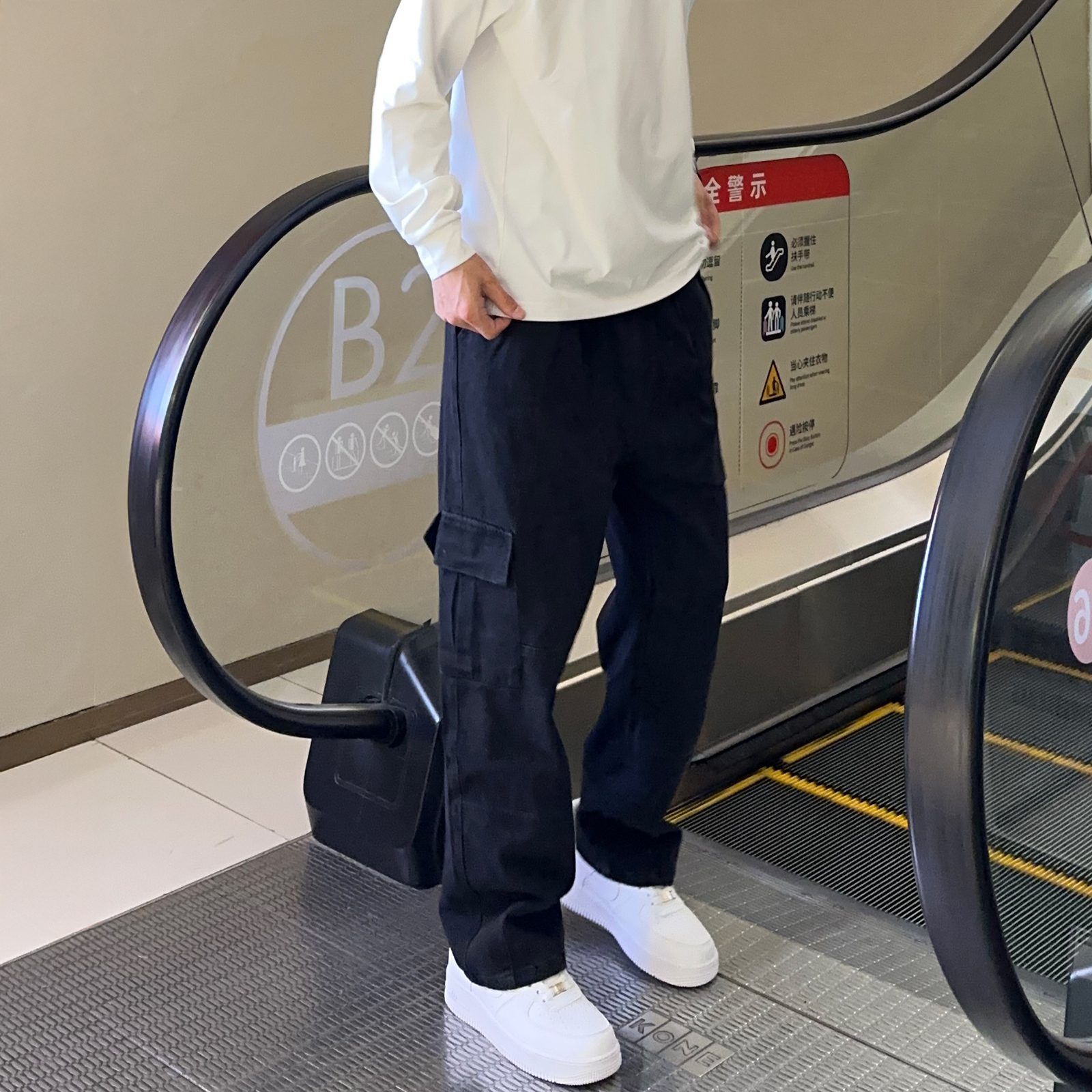 UNCLEBLUE日系立体大口袋休闲牛仔裤复古宽松直筒拼接直筒裤