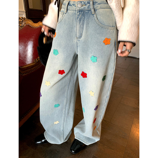 今屿花花牛仔裤女2025新款冬季加绒刺绣小个子牛仔阔腿裤保暖裤子