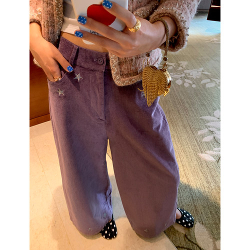 今屿花花刺绣灯芯绒阔腿裤女