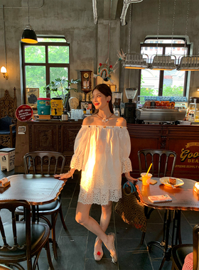 今屿花花减龄韩系夏日穿搭一整套一字肩上衣套头镂空衬衫蕾丝短裤