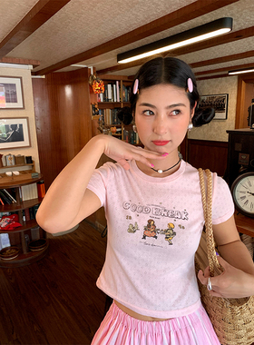 今屿花花 短袖t恤女2025新款粉色上衣小个子修身短款夏日ootd穿搭