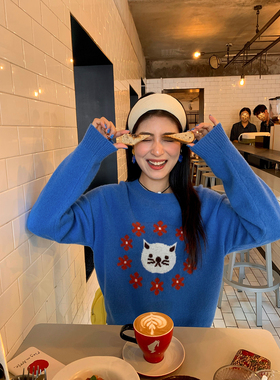 今屿花花宽松蓝色毛衣女2025年新款早秋毛线衣设计感可外穿小个子