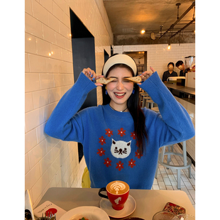 今屿花花宽松蓝色毛衣女2025年新款 早秋毛线衣设计感可外穿小个子