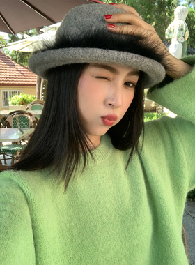 今屿花花 毛衣慵懒高级感女绿色保暖厚毛线衣2025新款秋冬可外穿