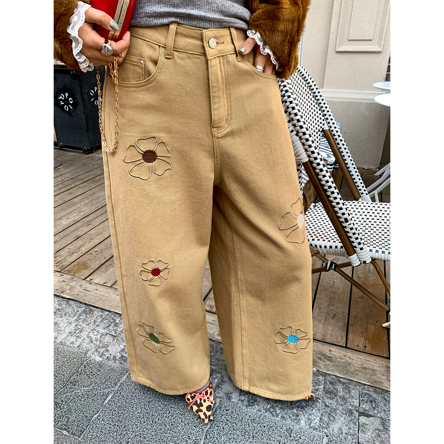 今屿花花加绒牛仔阔腿裤女小个子