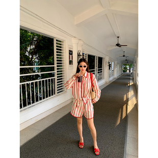 短裤 条纹两件套衬衫 宽松 2025超火穿搭一整套早秋长袖 今屿花花