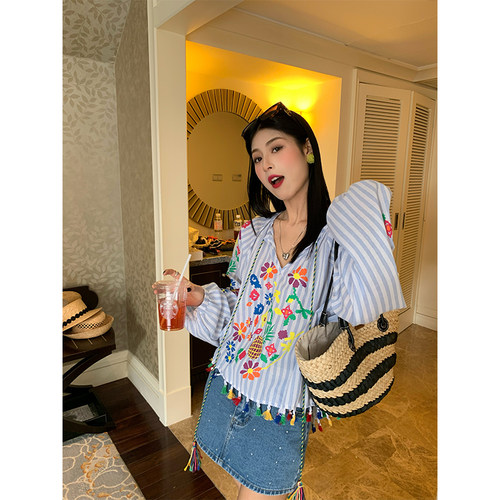 今屿花花蓝色条纹衬衫女夏季棉麻