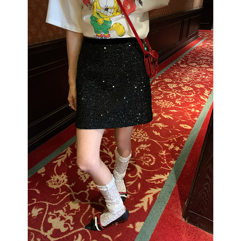 今屿花花 黑色高腰a字亮片裙子半身裙女2025新款春秋短裙闪钻裙,女装/女士精品,半身裙,淘宝优惠券,粉丝福利购,淘宝优惠卷