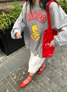 今屿花花 长袖早秋chic上衣灰色T恤女2025年新款宽松可外穿小个子