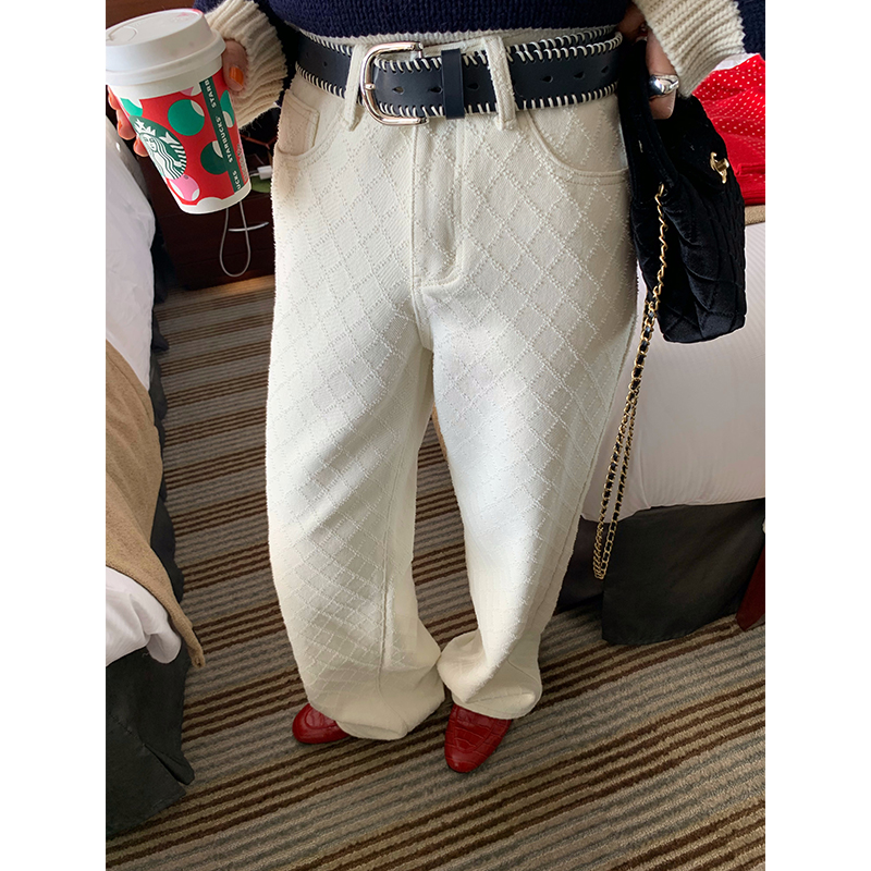 今屿花花白色格子牛仔裤女