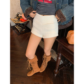 短裤 今屿花花 2024新款 高腰毛呢裤 白色小香风休闲裤 子女秋冬款