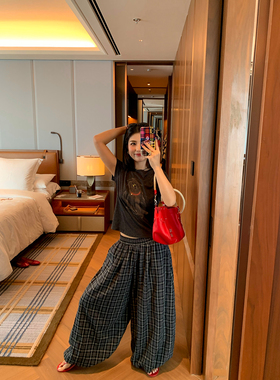 今屿花花 裤子宽松bf慵懒风2025年新款早秋设计感小众格子阔腿裤
