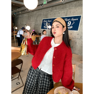 小个子红色毛衣女麻花开衫 今屿花花 慵懒松弛感毛线衣2025年新款