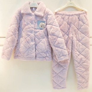 安之伴睡衣女冬季新品三层加厚保暖珊瑚绒夹棉高领简约卡通家居服