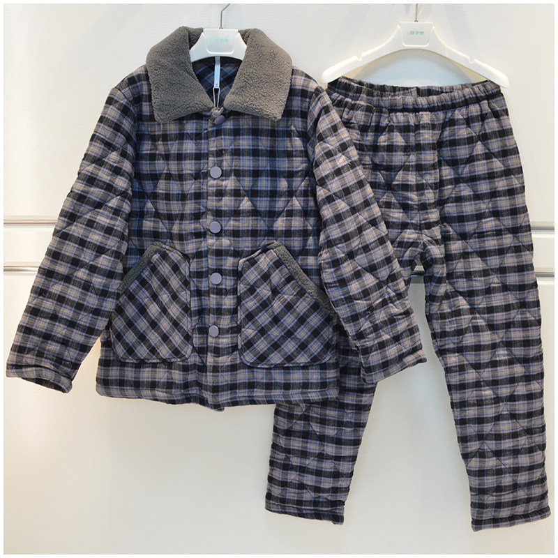 妮可雅男士睡衣冬季新品三层加厚纯棉梭织磨毛夹棉保暖格子家居服