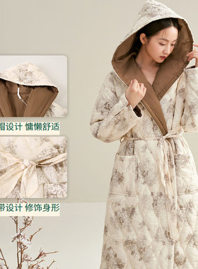 安之伴女士浴袍睡衣冬季新品三层加厚贝贝绒夹棉保暖睡袍连帽裙子