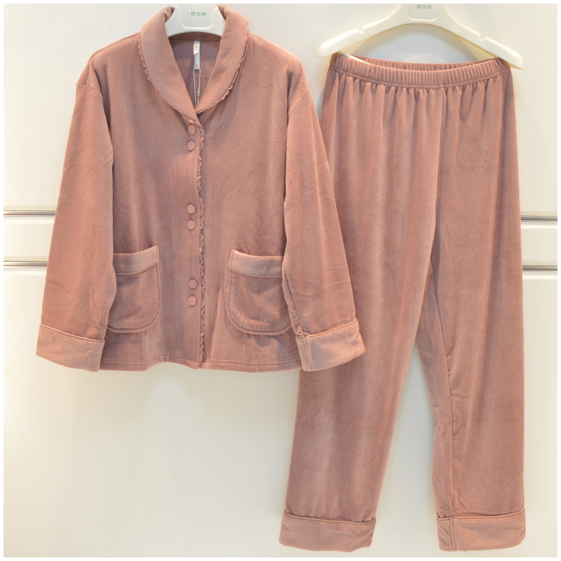 妮可雅睡衣女2024秋冬季新品双面澳毛绒提条青果领长袖家居服套装