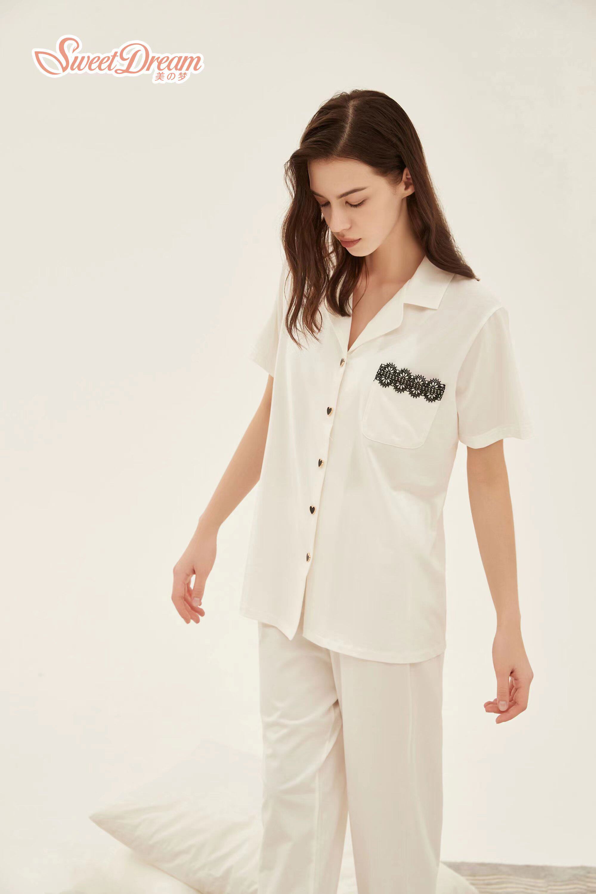 美梦女士睡衣夏季新品丝光爽棉莫代尔短袖长裤开衫简约家居服套装