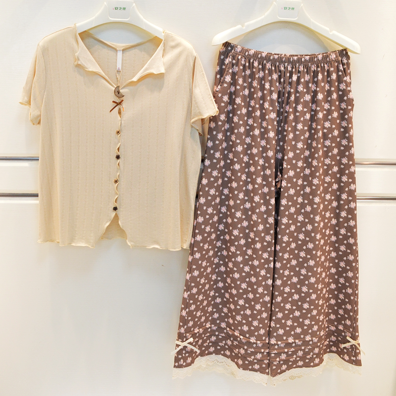 欢内女睡衣2026夏季新品纯棉针织简约淑女气质短袖长裤可爱家居服