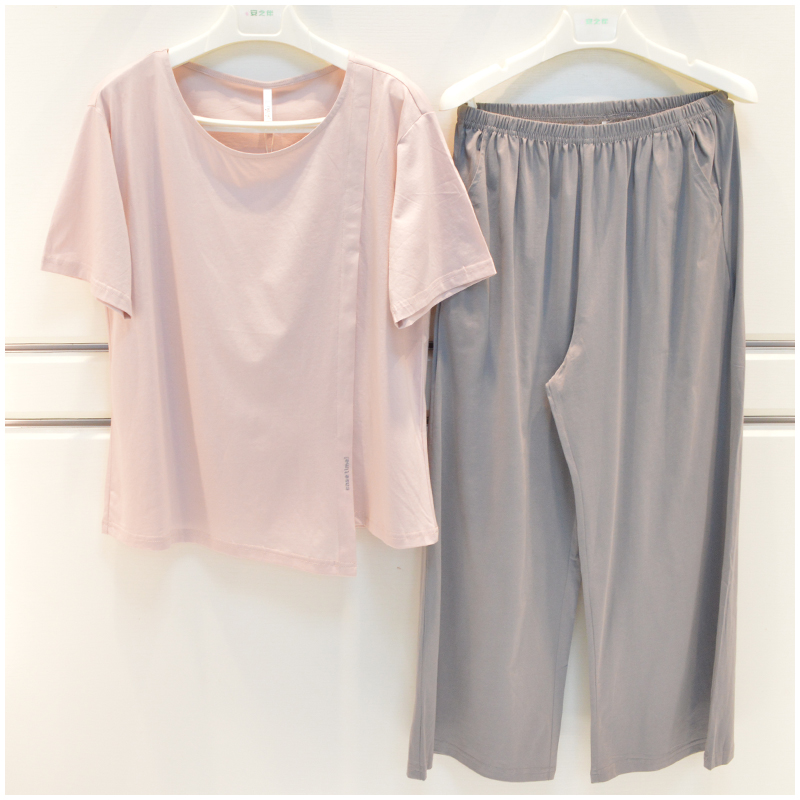 妮可雅全棉睡衣女2024夏季新品针织丝光新棉短袖长裤简约家居服套